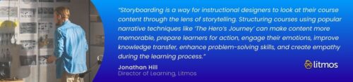 “Storyboarding is a way for instructional designers to look at their course content through the lens of storytelling. Structuring courses using popular narrative techniques like ‘The Hero’s Journey’ can make content more memorable, prepare learners for action, engage their emotions, improve knowledge transfer, enhance problem-solving skills, and create empathy during the learning process.” - Jonathan Hill, Director of Learning, Litmos